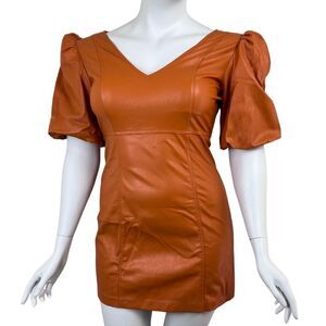 Lulus Play a Tune Size L Rust Orange Vegan Leather Puff Sleeve Mini Party Dress